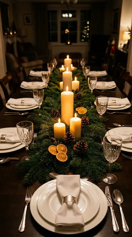 13 Festive Table Decorations Candles Classic Christmas Green 1 1. A Fresh Evergreen Garland Runner With Pillar Candles at Intervals