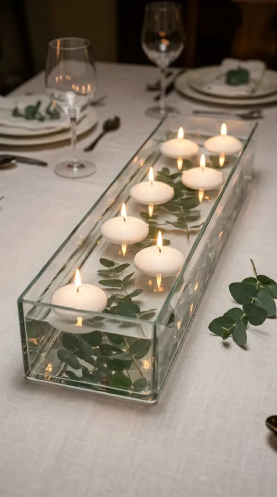13 Festive Table Decorations Candles Floating Glass Ethereal 1 1. A Long Low Glass Trough With White Floating Candles and Eucalyptus