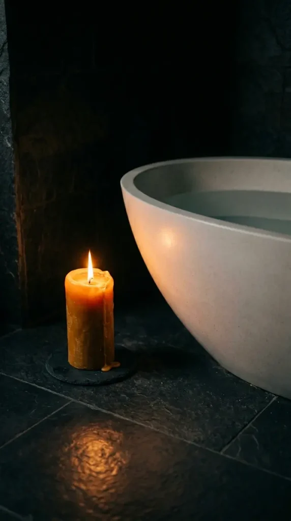 15 Bath Tub Decor Ideas Dark Moody Candlelit Night Soak 1 1. A Single Large Beeswax Pillar on the Dark Bathroom Floor Beside the Tub