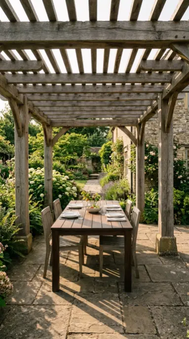 26 Outdoor Patio Ideas With a Cozy Pergola Dining Setup 1 1. Aged Timber Pergola Structure Over the Dining Zone