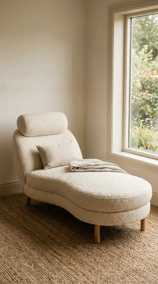 8 Chaise Lounge Reading Nook Bouclé Built-In Bookshelf Nook 1 1. Anchor the Nook With a Curved Boucle Chaise Lounge