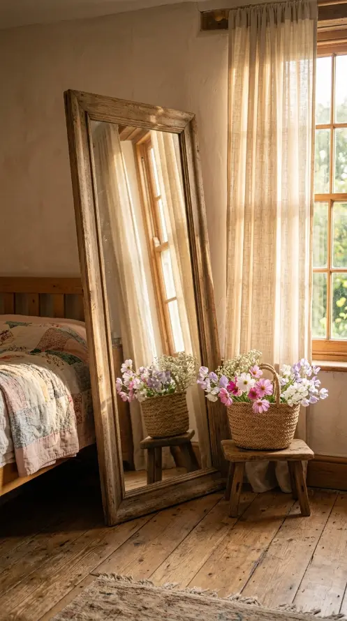 12 Floor Mirror Bedroom Cottagecore Wooden Morning Light 1 1. Antique Wood Framed Mirror Beside a Sunlit Window