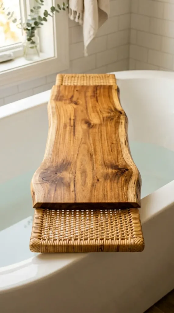 10 Bathtub Tray Ideas Boho Rattan Warm Earthy Style 1 1. Choose a Live-Edge Wood Tray With a Woven Rattan Underside