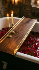 18 Romantic Bathtub Caddy Decor Ideas Rose Petal Candlelight 1 1. Choose a Wide Wood and Brass Caddy as the Romantic Centerpiece