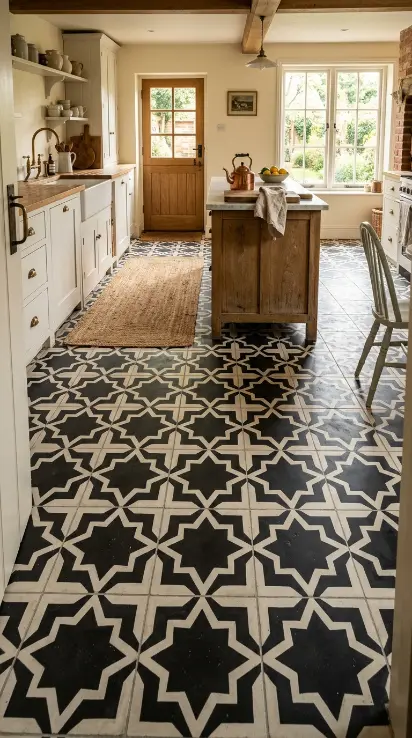 26 Kitchen Flooring Ideas for Farmhouse Black White Encaustic 1 1. Classic Eight-Pointed Star and Cross Encaustic Pattern
