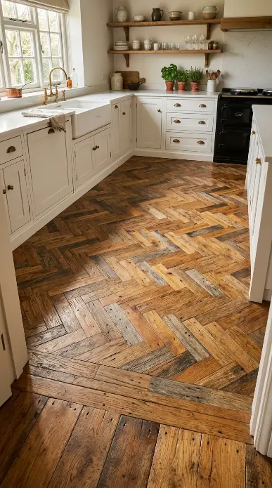 25 Kitchen Flooring Ideas for Farmhouse Herringbone Reclaimed 1 1. Classic Reclaimed Oak Herringbone — Full Kitchen Floor
