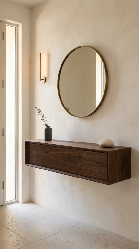 31 Entryway Console Table Ideas Modern Minimal Floating 1 1. Dark Oiled Walnut Floating Console With Pale Plaster Wall