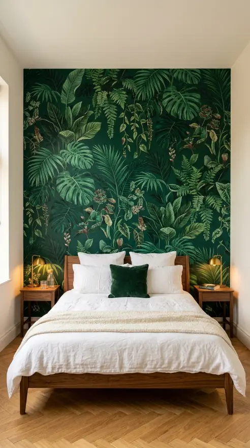 15 Vibrant Floral Wallpaper Accent Wall Room Decor 1 1. Deep Emerald Botanical Floral Accent Wall Behind the Bed
