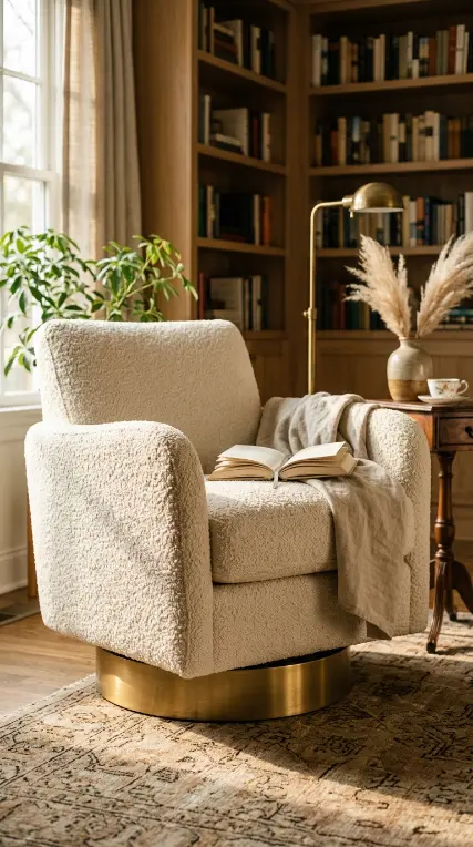 13 Comfy Reading Chair Oversized Cream Swivel Plush Living Room 1 1. Deep Seated Cream Boucle Swivel Chair With Low Wide Arms