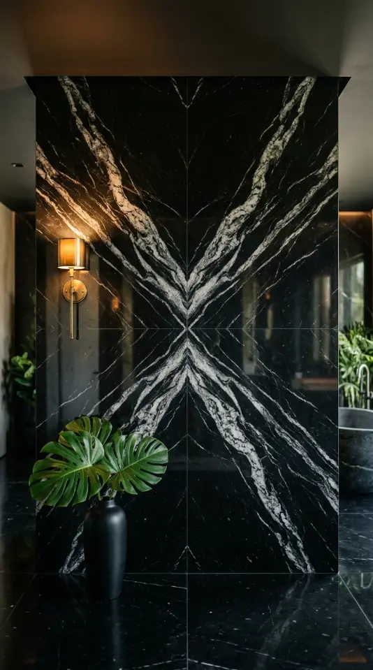23 Bathroom Plants Decor Luxury Spa Black Marble Style 1 1. Full Floor-to-Ceiling Black Marble Wall Slabs as the Dramatic Foundation