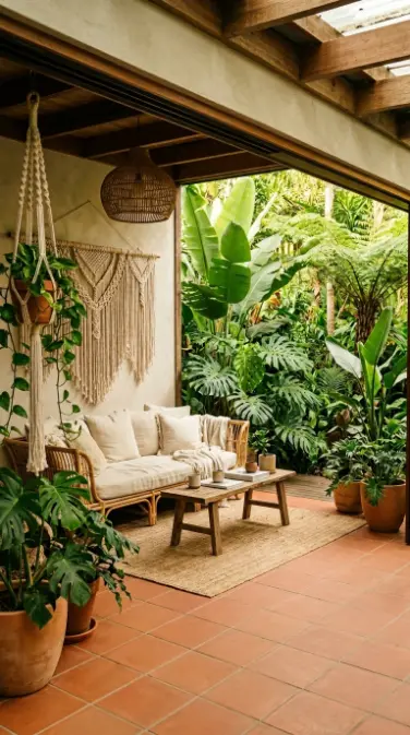 17 Indoor Outdoor Living Boho Macramé Jungle Garden View 1 1. Full Glass Sliding Wall Opening to Jungle Garden