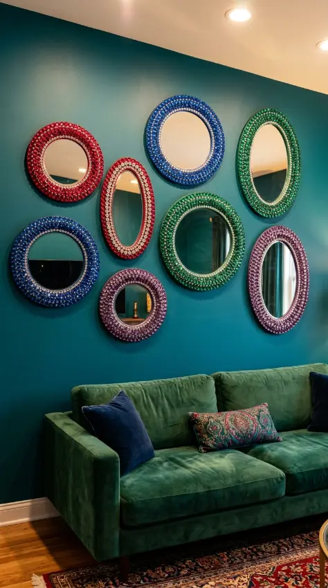 20 Bedazzled Mirror Disco Ball Living Room Maximalist Wall 1 1. Gallery Wall of Mismatched Bedazzled Mirrors in Jewel Tones
