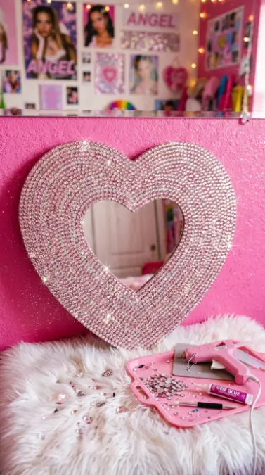 12 Bedazzled Mirror Y2K Rhinestone DIY Pink Glam Bedroom 1 1. Heart Shaped Mirror Covered Edge to Edge in Pink Rhinestones