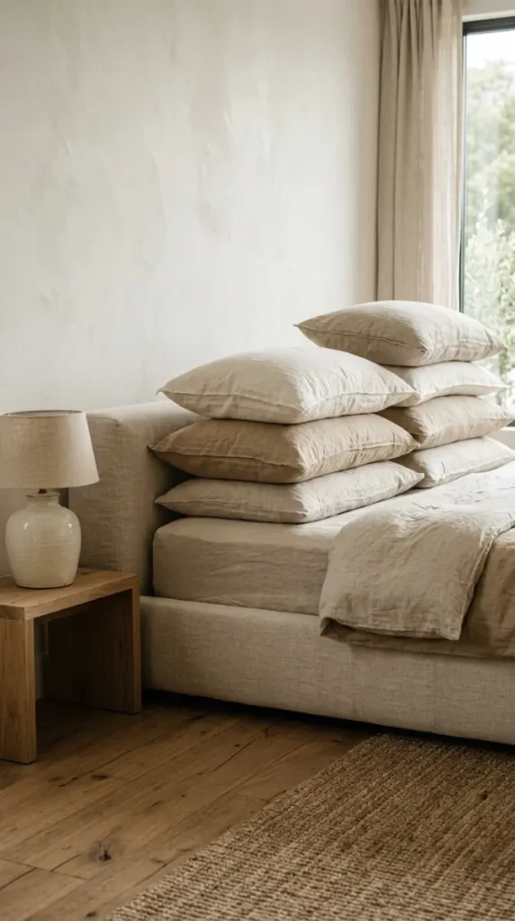 16 Minimalist Luxury Bedroom Quiet Luxury Linen Neutral Warm 1 1. Linen Upholstered Bed With a Single Oversized Pillow Stack