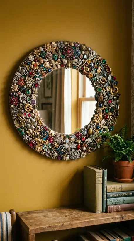 13 Bedazzled Mirror Vintage Jewelry DIY Eclectic Bedroom 1 1. Mirror Frame Covered in Mismatched Vintage Brooches