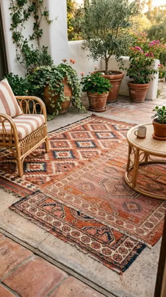 28 Outdoor Patio Ideas for a Boho Layered Living Room 1 1. Overlapping Outdoor Kilim Rugs as the Boho Foundation
