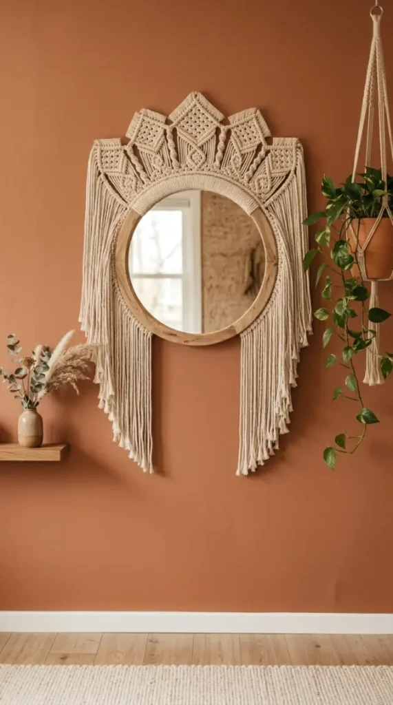 13 Decorated Mirror Boho Macrame DIY Bedroom Earthy Wall 1 1. Round Mirror With a Woven Macrame Crown Topper