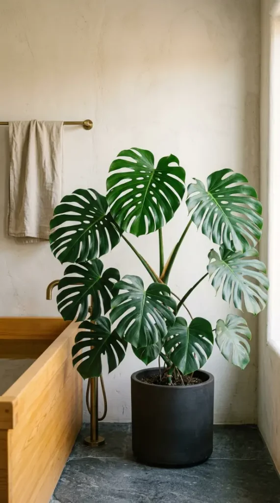 30 Bathroom Plants Decor Japandi Minimal Hinoki Tub Style 1 1. Single Large Monstera as Bathroom Anchor Plant