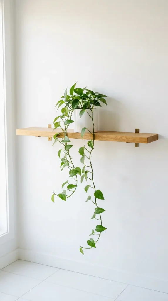 28 Minimal Bathroom Plants Decor Inspiration Oak White Style 1 1. Single Oak Shelf with One Trailing Plant