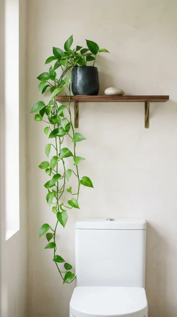 14 Minimal Bathroom Plants Decor Inspiration Small Space 1 1. Single Trailing Pothos Above the Toilet