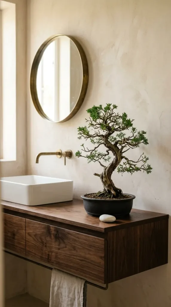 24 Modern Bathroom Plant Aesthetic Japandi Bonsai Minimal 1 1. The Bonsai on a Dark Walnut Floating Vanity