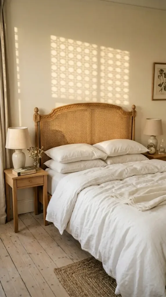 14 Vintage Bedroom Ideas Cane Rattan European Elegant 1 1. The Carved Cane Headboard as the Rooms Central Architectural Element