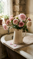 24 Romantic Bathtub Caddy Decor Ideas Garden Cottage Floral 1 1. The Chipped Ironstone Jug — Foundational Garden Rose Vessel