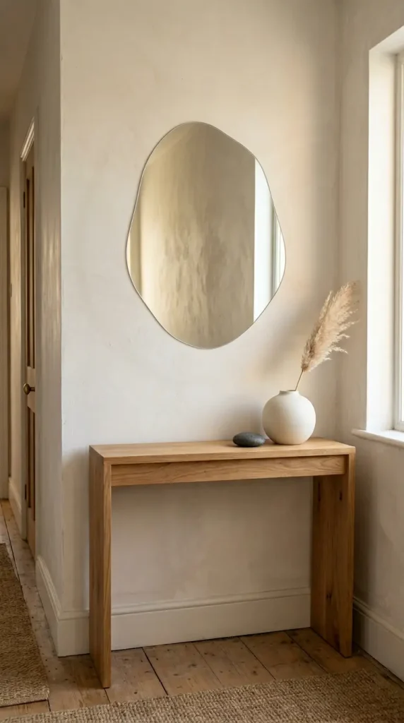 14 Hallway Mirror Ideas Organic Puddle Mirror Console 1 1. The Classic Frameless Plaster Puddle Mirror Above a Natural Console
