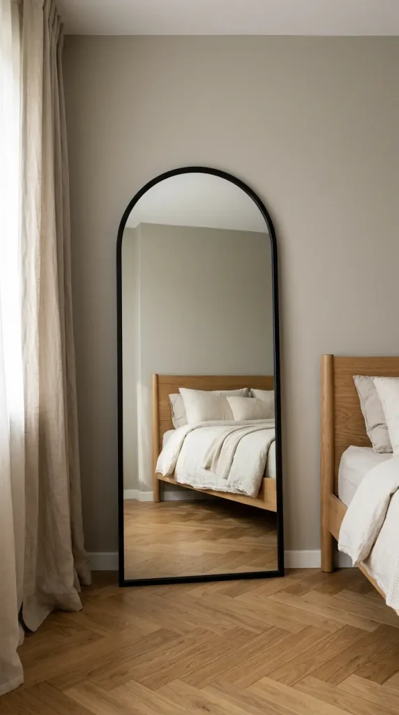 14 Big Mirror in Bedroom Leaning Arch Black Frame Greige 1 1. The Classic Single Lean Against the Greige Bedroom Wall