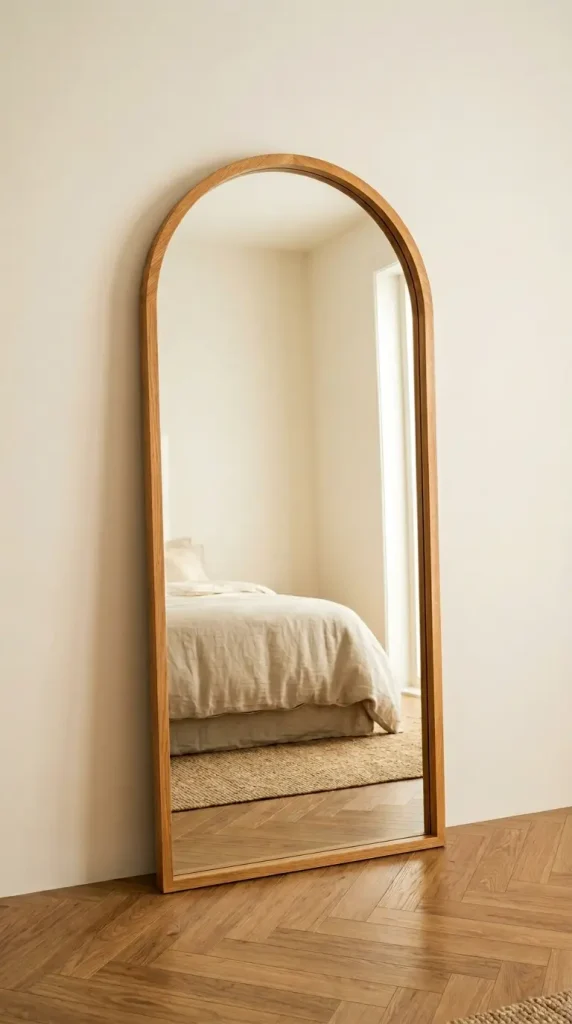 17 Big Mirror in Bedroom Oversized Oak Arch Warm Neutral 1 1. The Classic Single Oak Arch Leaner Against the Warm Neutral Wall