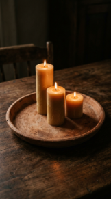 16 Table Candle Decor Earthy Pillar Cluster Clay Tray 1 1. The Classic Three Pillar Cluster on a Round Clay Tray