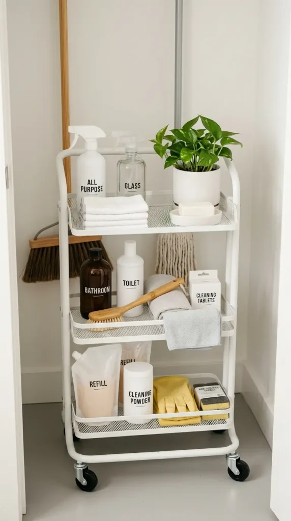 27 Cleaning Closet Organization Tiered Rolling Cart Ideas 1 1. The Classic Three-Tier Metal Cart — Frequency-Based Organization