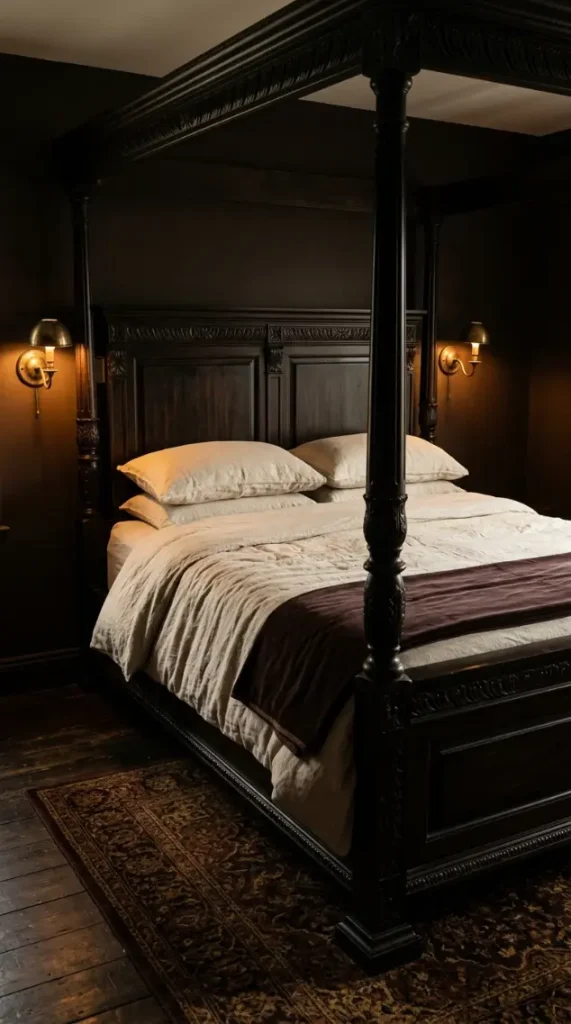 18 Vintage Bedroom Ideas Dark Brown Wood Moody Decor 1 1. The Dark Walnut Bed Frame as the Rooms Entire Statement
