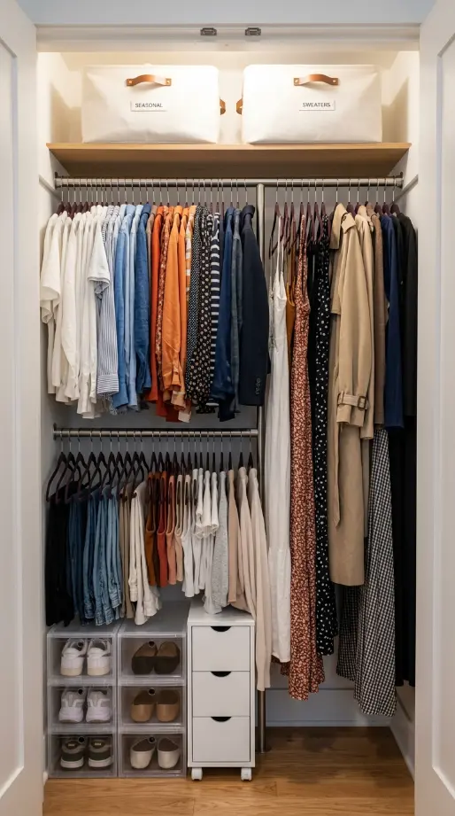 25 Small Storage Closet Organization Tiny Apartment Ideas 1 1. The Double Hanging Rail — Immediately Double Your Capacity