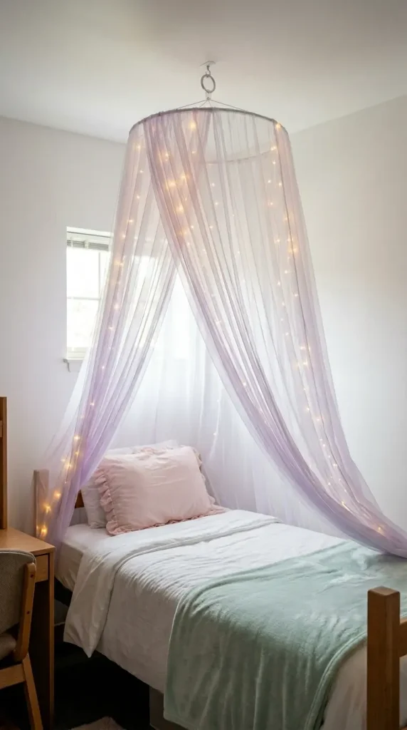 24 College Bedroom Ideas Pastel Girly Aesthetic Dreamy Style 1 1. The Fairy Light Canopy Bed — Foundational Dreamy Centerpiece