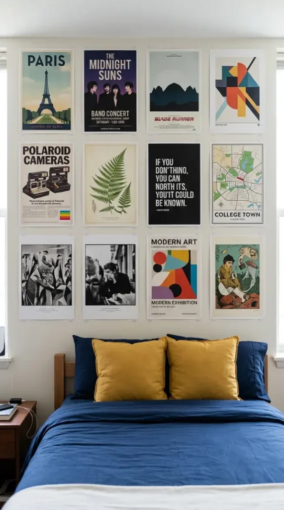 26 Dorm Bed Inspo Maximalist Gallery Wall Twin XL Style 1 1. The Grid Layout Foundation — Even-Spaced Poster Method