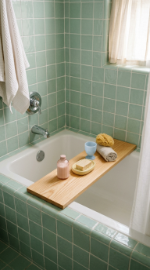 24 Small Bathroom Decor with Bathtub Caddies Vintage Pastel 1 1. The Mint Green Tile and Wood Caddy Pairing — Foundational Vintage Color Story