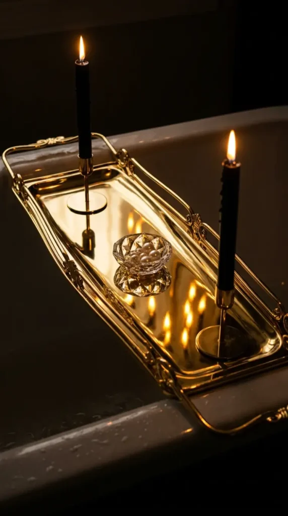 6 Luxury Bathtub Decor Ideas With an Old Hollywood Gold Tray 1 1. The Mirror-Polished Gold Tray as the Foundational Object