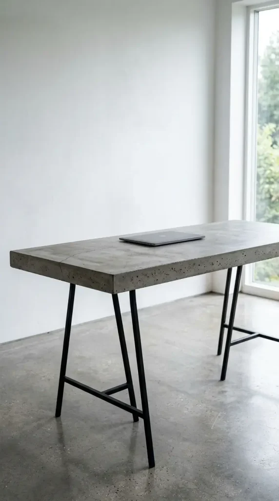 24 Home Office Inspiration Modern Minimal Concrete Steel 1 1. The Poured Concrete Desk Slab as the Architectural Centerpiece