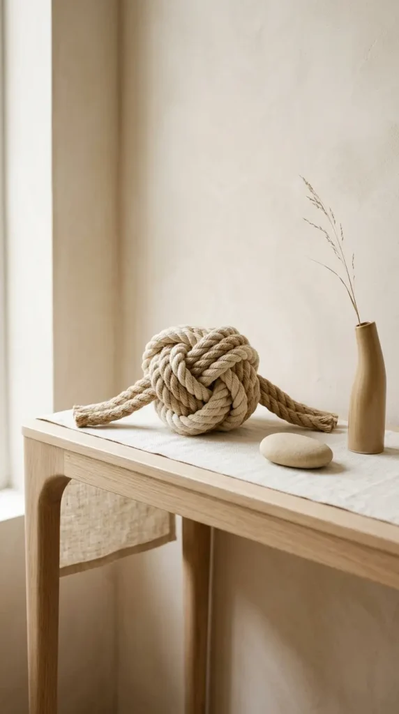 16 Console Table Styling Curved Soft Beige Rope Knot 1 1. The Rope Knot as Sculptural Console Object
