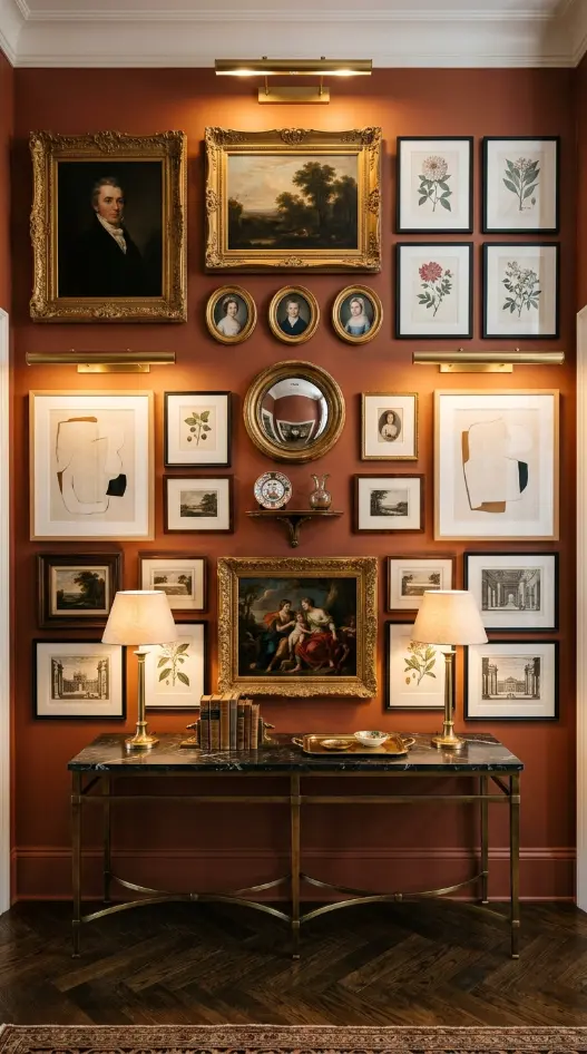 18 Console Table Decor Maximalist Gallery Wall Picture Lights 1 1. The Salon-Style Floor-to-Ceiling Gallery Wall