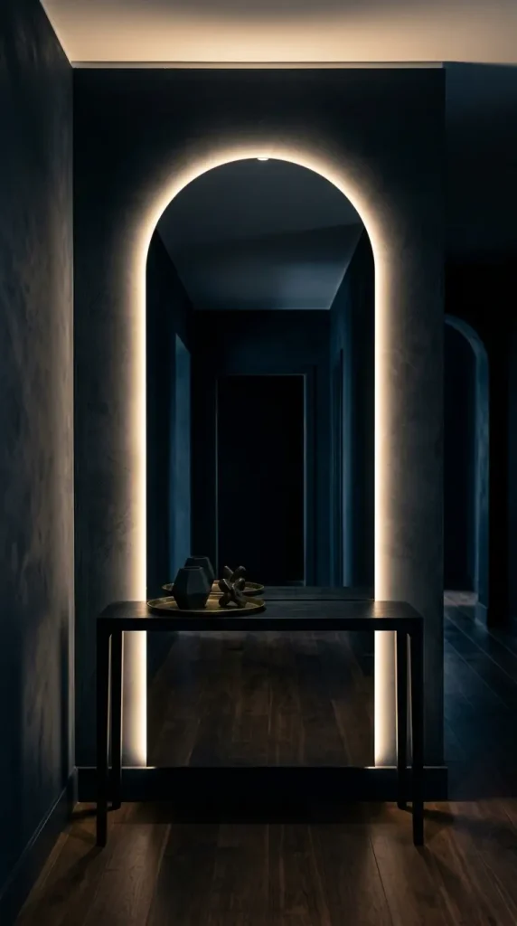 12 Hallway Mirror Ideas Arch LED Backlit Dark Luxury 1 1. The Single Full Height Arch LED Backlit Mirror on a Dark Wall