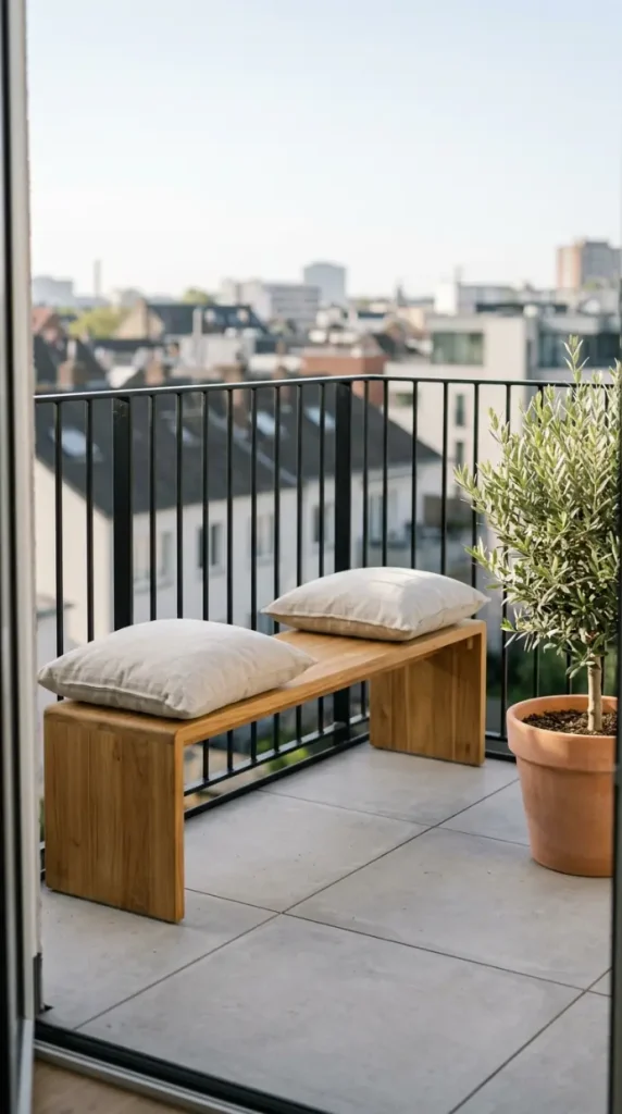 16 Minimal Outdoor Living Space Design for a Small Balcony 1 1. The Single Teak Bench as the Balcony Foundation