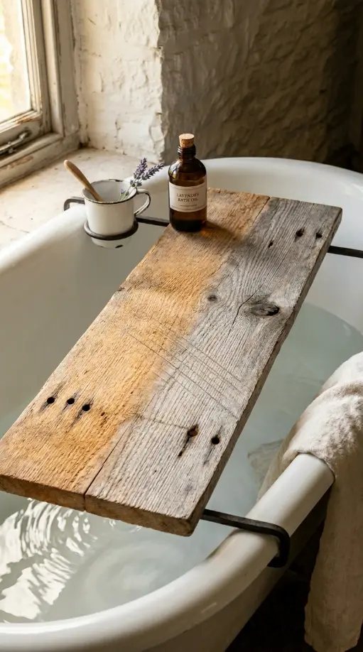24 Rustic Bathtub Tray Ideas with Reclaimed Farmhouse Wood 1 1. The Single Wide Barn Plank — Foundational Reclaimed Material