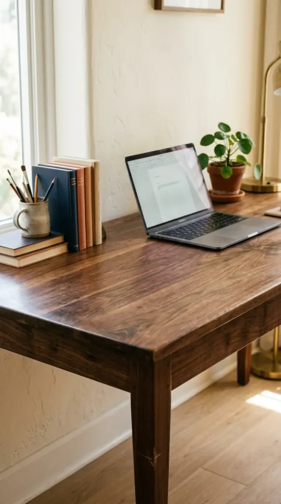 26 Cozy Home Office Warm Wood Linen Neutral Style Ideas 1 1. The Solid Wood Desk as the Foundational Anchor