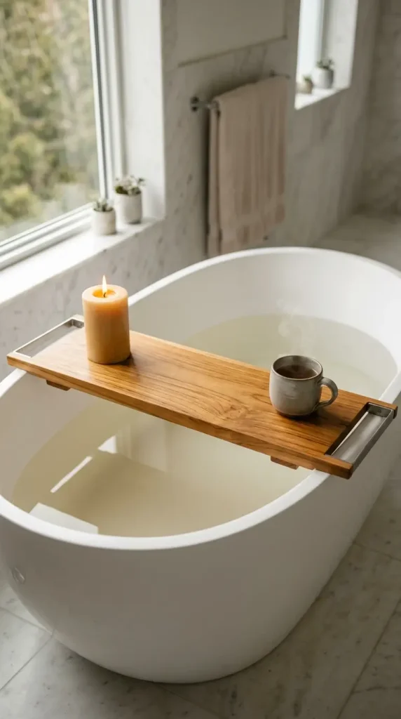 18 Bath Tub Decor Ideas Freestanding Tray Quiet Luxury 1 1. The Wide Natural Teak Tray With a Single Beeswax Pillar and One Ceramic Mug