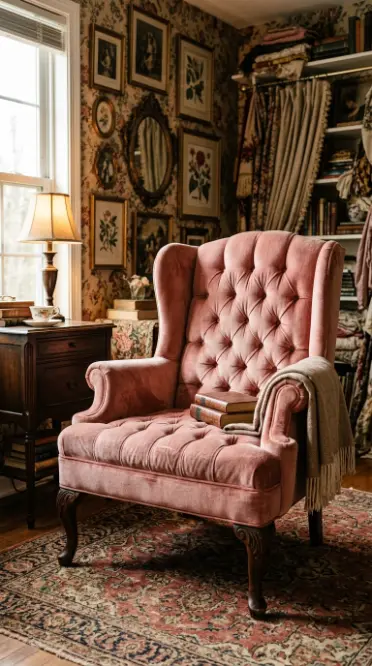 19 Comfy Reading Chair Vintage Pink Velvet Bedroom Maximalist 1 1. Tufted Pink Velvet Wingback Chair — The Maximalist Anchor