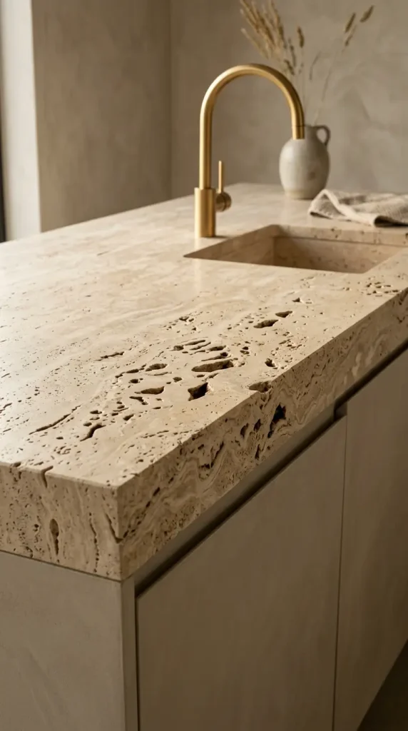 11 Minimalist Luxury Kitchen Quiet Luxury Greige Travertine Warm 1 1. Unfilled Travertine Slab Countertop With Visible Natural Voids