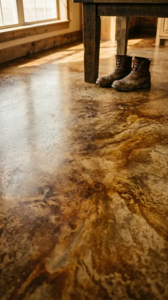 9 Affordable Farmhouse Flooring Ideas Stained Concrete 1 1. Use Acid Stain for the Most Authentic Farmhouse Mottled Color Effect