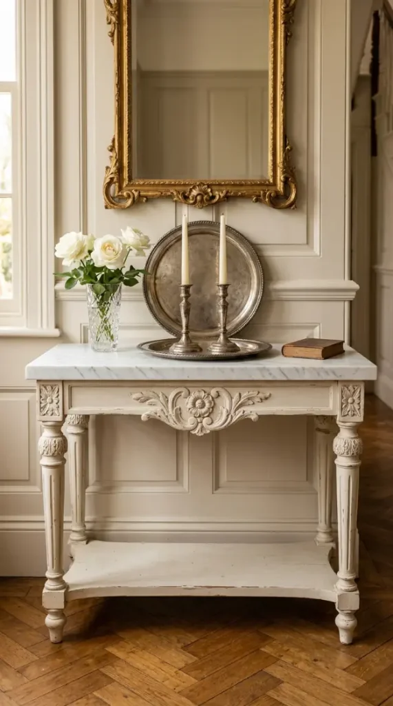 26 Entryway Console Table Ideas Traditional Marble Top 1 1. White Carrara Marble Top With Carved Antique White Console Base